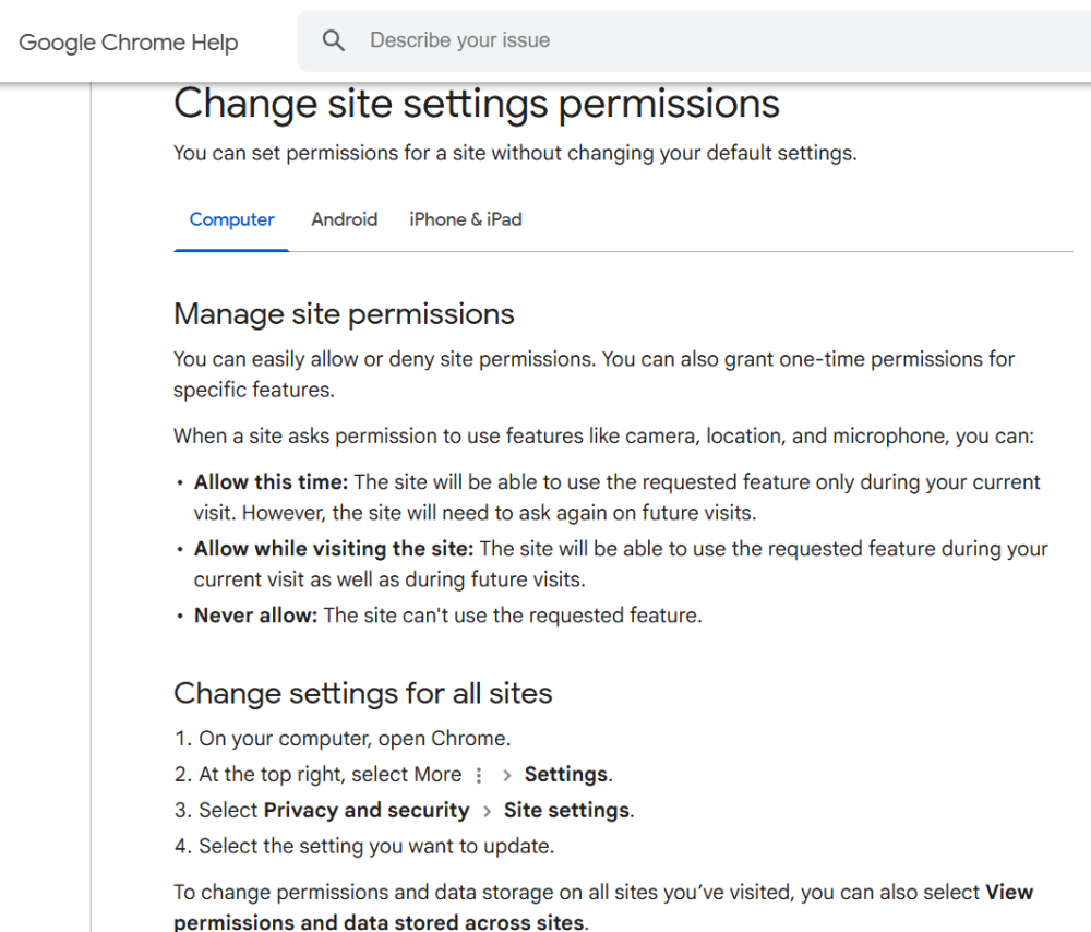 Google Settings Permissions Google settings permissions management in Chrome